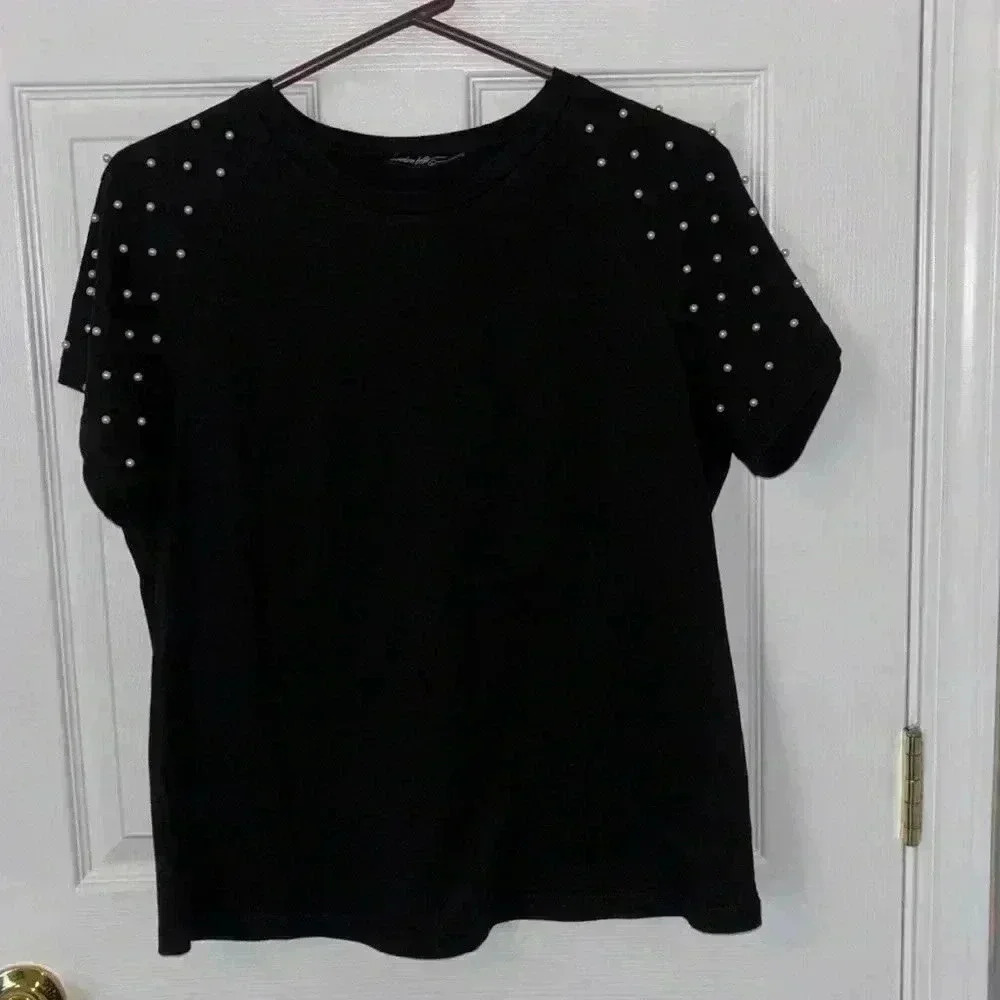 Black Beaded Sleeve Top Women’s Size Large Embellished Blouse - Picture 2 of 5